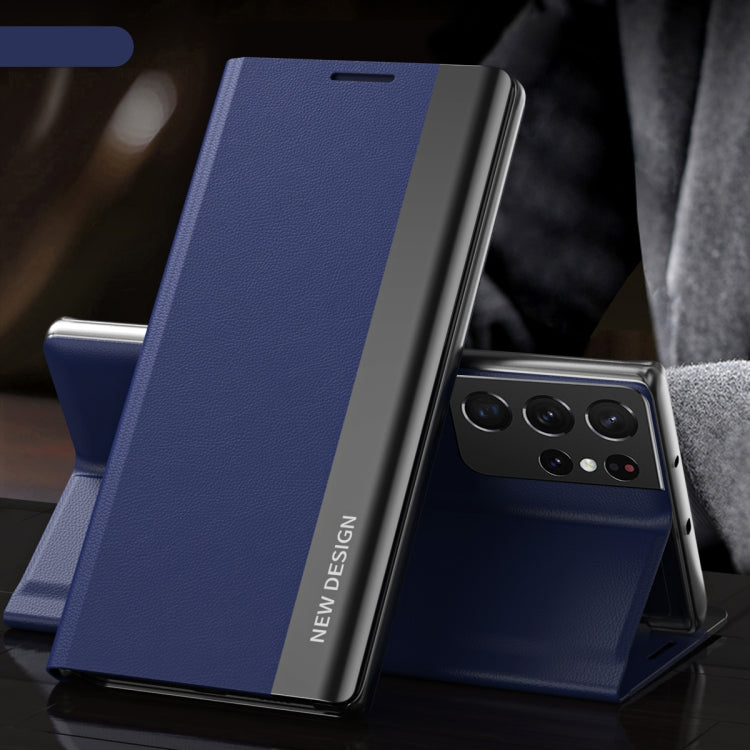 For Samsung Galaxy S23 Ultra 5G Side Electroplated Adsorption Leather Phone Case(Dark Blue)
