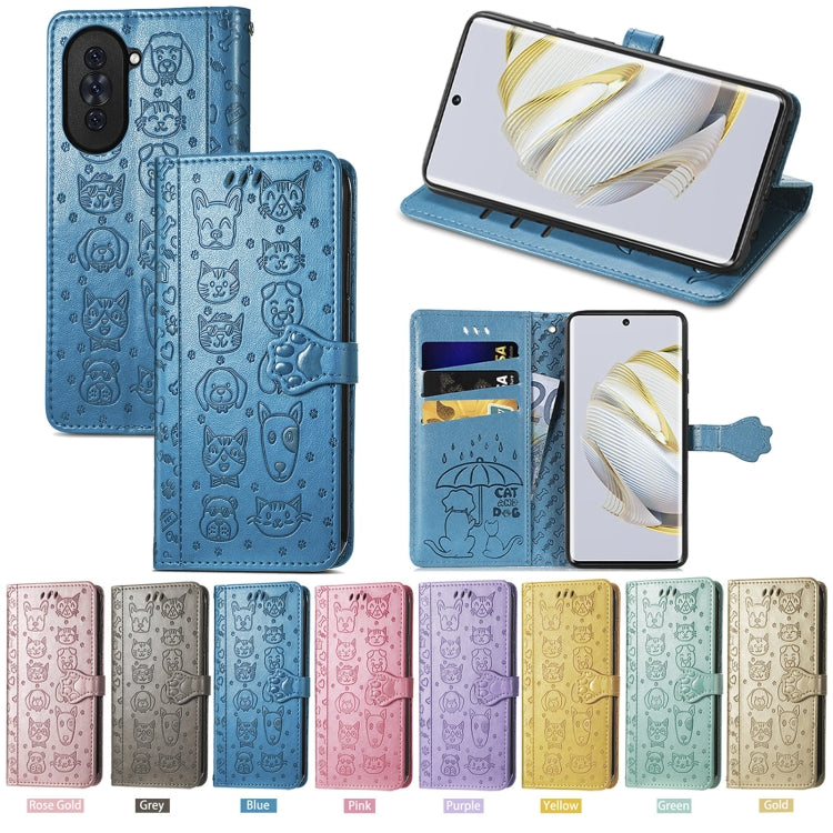For Huawei Nova 10 Cat and Dog Embossed Leather Phone Case(Blue)