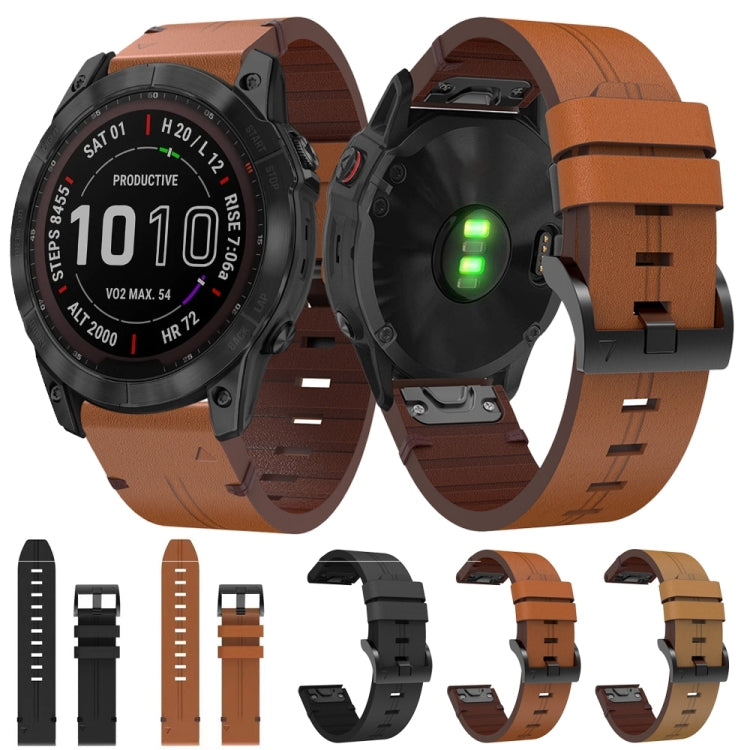 For Garmin Fenix 7X 26mm Leather Steel Buckle Watch Band (Light Brown)
