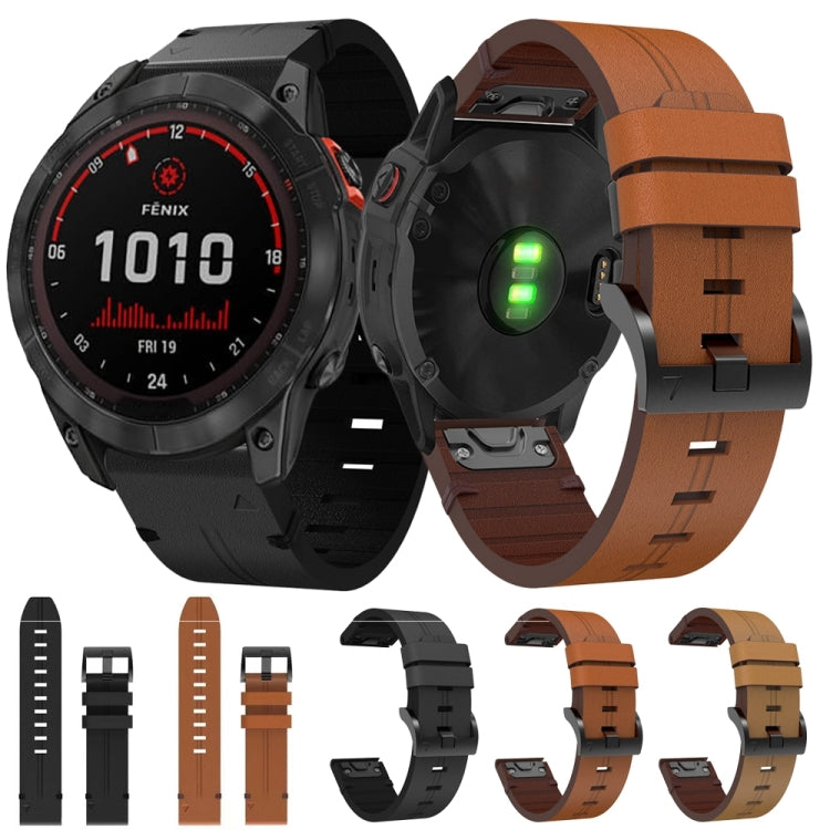 For Garmin Fenix 7X Solar 26mm Leather Steel Buckle Watch Band (Light Brown)