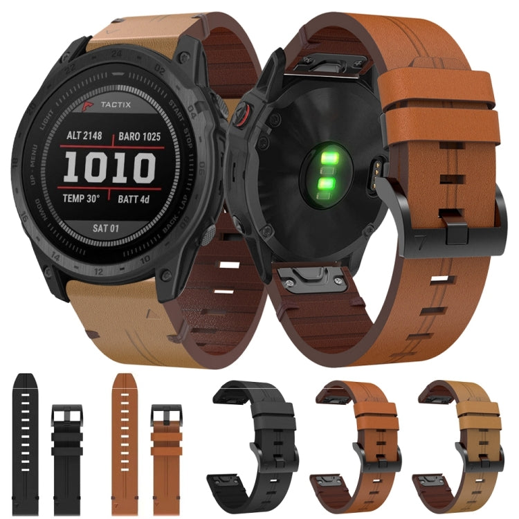 For Garmin Tactix 7 26mm Leather Steel Buckle Watch Band (Light Brown)