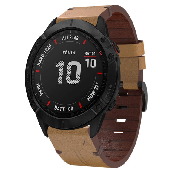 For Garmin Fenix 6X Pro 26mm Leather Steel Buckle Watch Band (Light Brown)