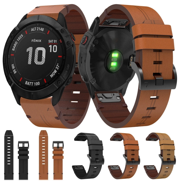 For Garmin Fenix 6X Sapphire 26mm Leather Steel Buckle Watch Band (Light Brown)