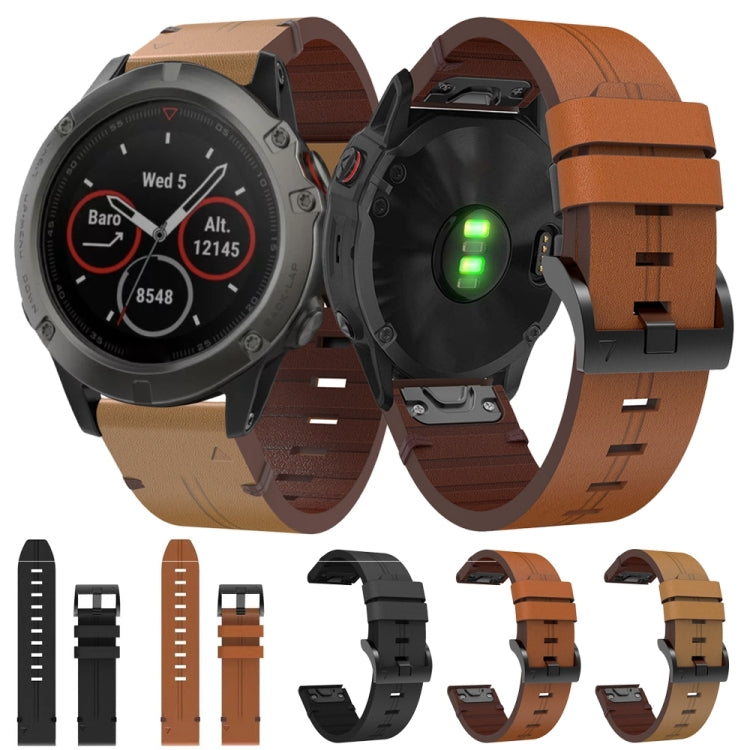 For Garmin Fenix 5X Sapphire 26mm Leather Steel Buckle Watch Band (Light Brown)