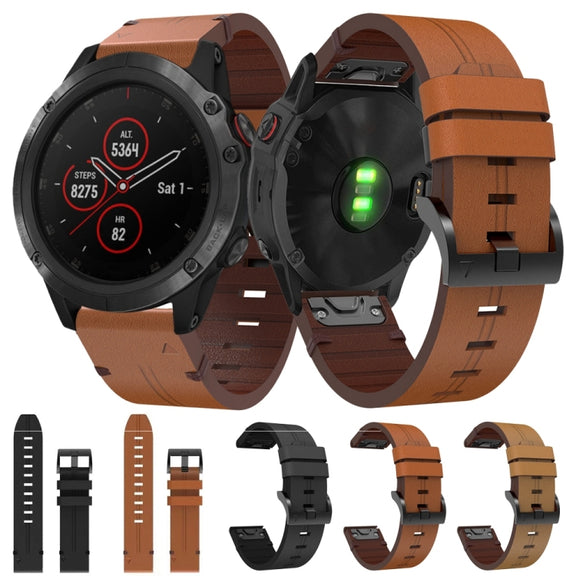 For Garmin Fenix 5X Plus 26mm Leather Steel Buckle Watch Band (Light Brown)