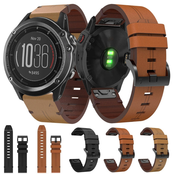 For Garmin Fenix 3 HR 26mm Leather Steel Buckle Watch Band (Light Brown)