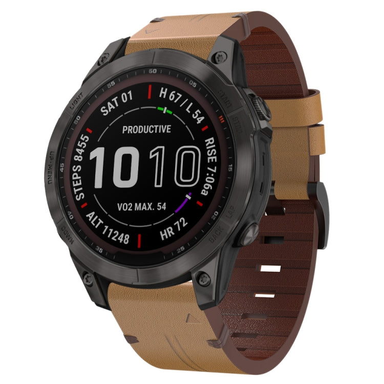 For Garmin Fenix 7 22mm Leather Steel Buckle Watch Band (Light Brown)