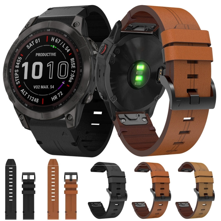 For Garmin Fenix 7 22mm Leather Steel Buckle Watch Band (Light Brown)