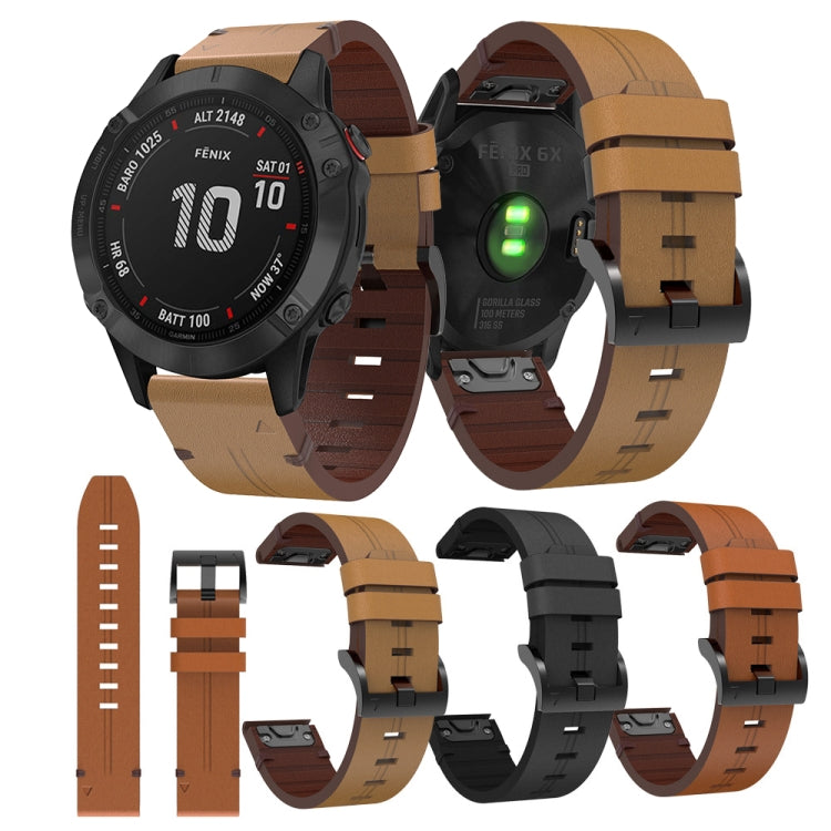 For Garmin Fenix 6 Pro GPS 22mm Leather Steel Buckle Watch Band (Light Brown)