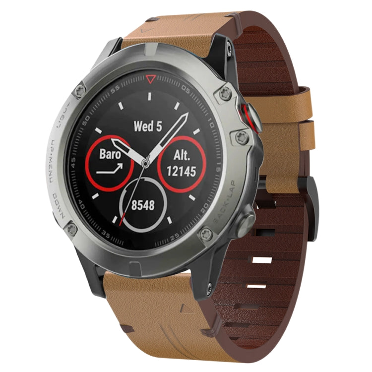 For Garmin Quatix 5 22mm Leather Steel Buckle Watch Band (Light Brown)