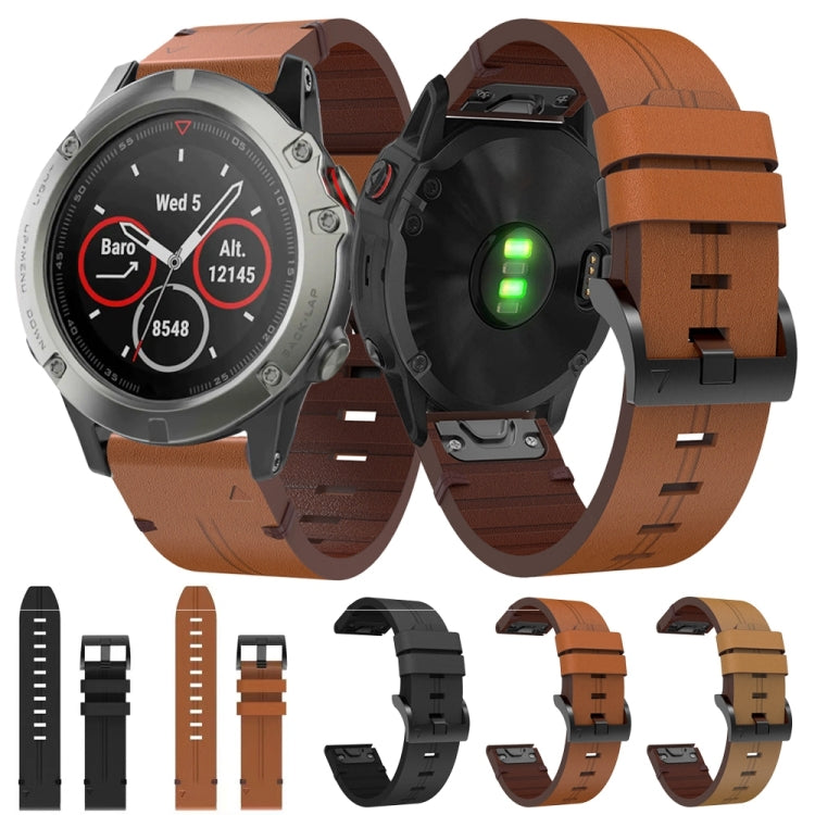 For Garmin Quatix 5 22mm Leather Steel Buckle Watch Band (Light Brown)