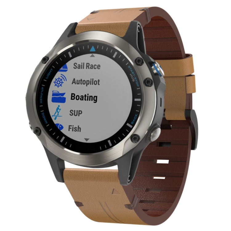 For Garmin Quatix 5 Sapphire 22mm Leather Steel Buckle Watch Band (Light Brown)