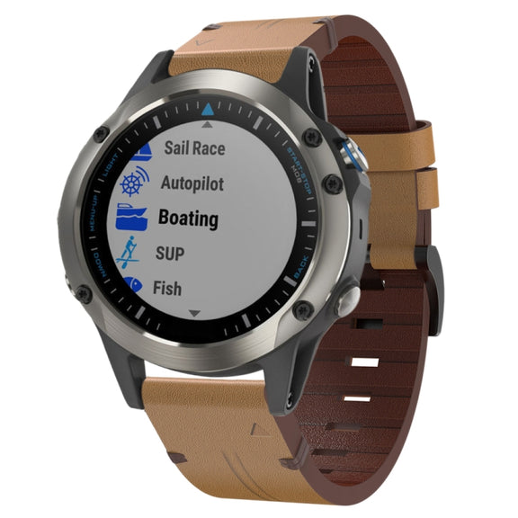 For Garmin Quatix 5 Sapphire 22mm Leather Steel Buckle Watch Band (Light Brown)
