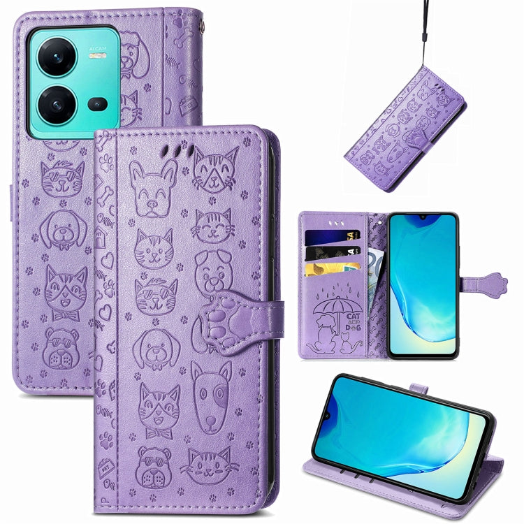 For vivo V25 Cute Cat and Dog Embossed Leather Phone Case(Purple)