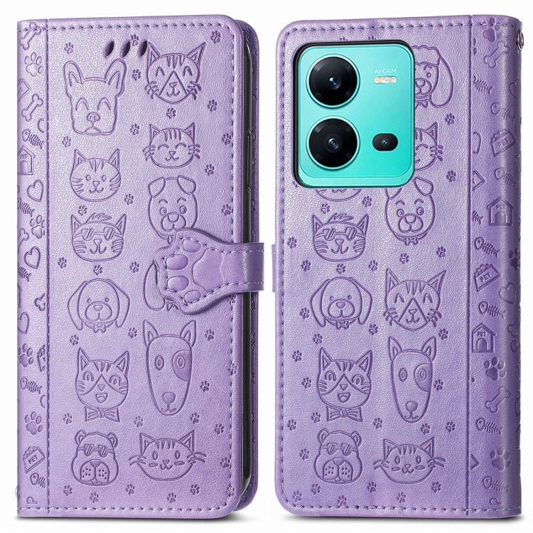 For vivo V25 Cute Cat and Dog Embossed Leather Phone Case(Purple)