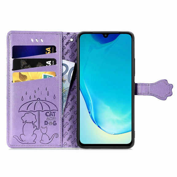 For vivo V25 Cute Cat and Dog Embossed Leather Phone Case(Purple)