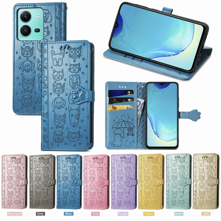 For vivo V25 Cute Cat and Dog Embossed Leather Phone Case(Purple)
