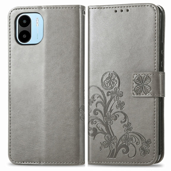 For Xiaomi Redmi A1 Four-leaf Clasp Embossed Buckle Leather Phone Case(Gray)
