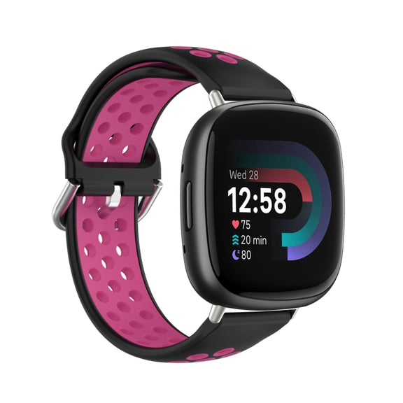 For Fitbit Versa 4 Two-Color Perforated Breathable Silicone Watch Band(Black+Rose Red)