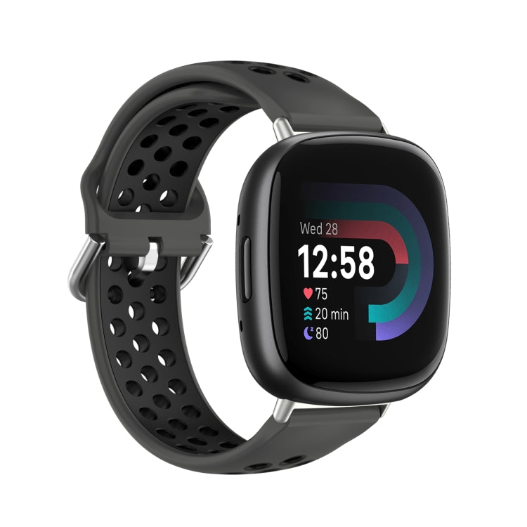For Fitbit Versa 4 Two-Color Perforated Breathable Silicone Watch Band(Black+Black)