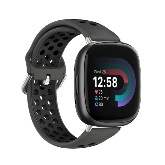 For Fitbit Versa 4 Two-Color Perforated Breathable Silicone Watch Band(Black+Black)