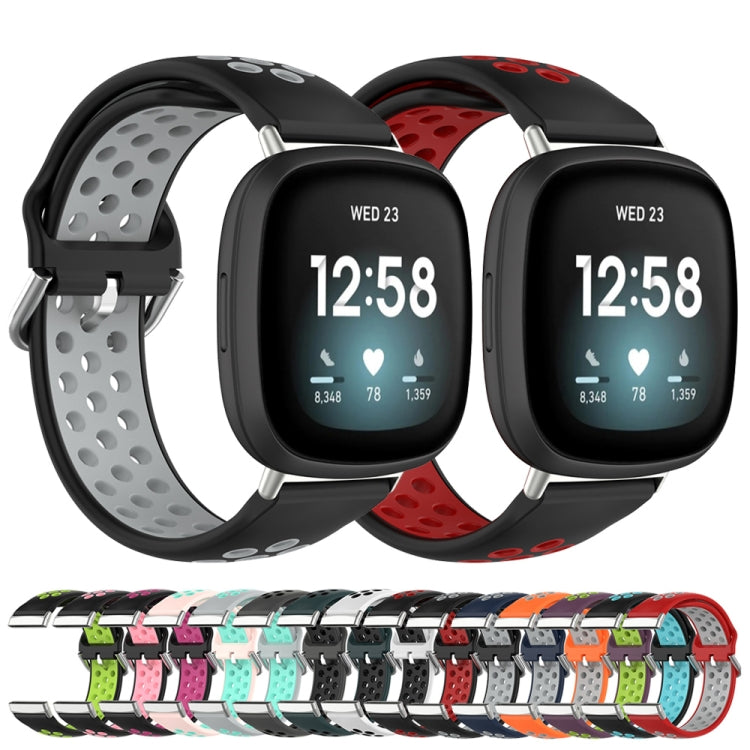 For Fitbit Versa 4 Two-Color Perforated Breathable Silicone Watch Band(Black+Black)