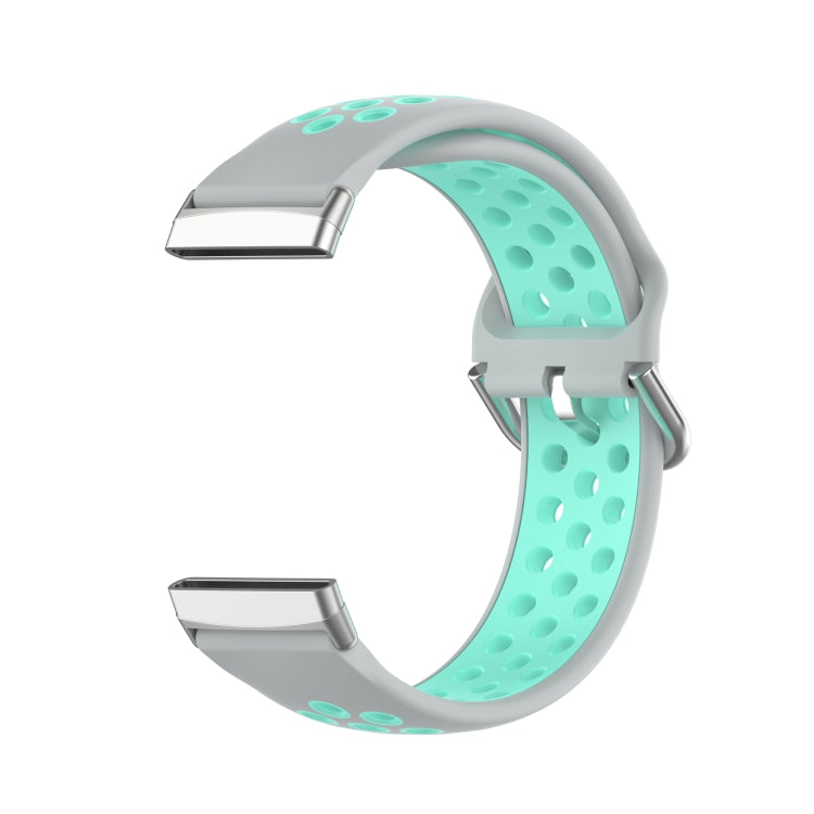 For Fitbit Versa 3 Two-Color Perforated Breathable Silicone Watch Band(Grey+Teal)