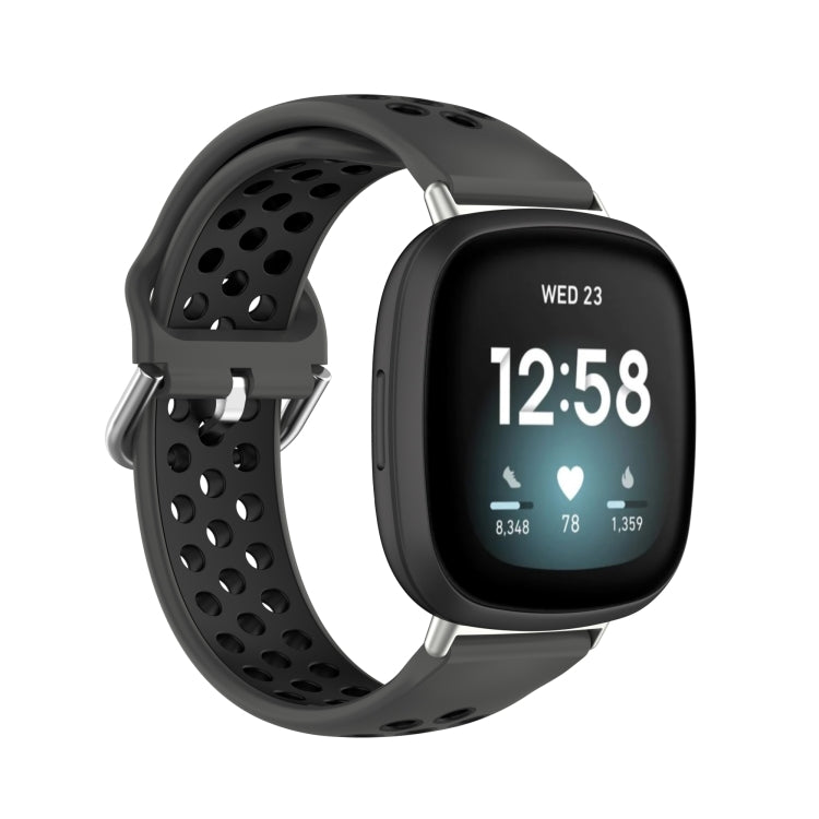 For Fitbit Versa 3 Two-Color Perforated Breathable Silicone Watch Band(Black+Black)