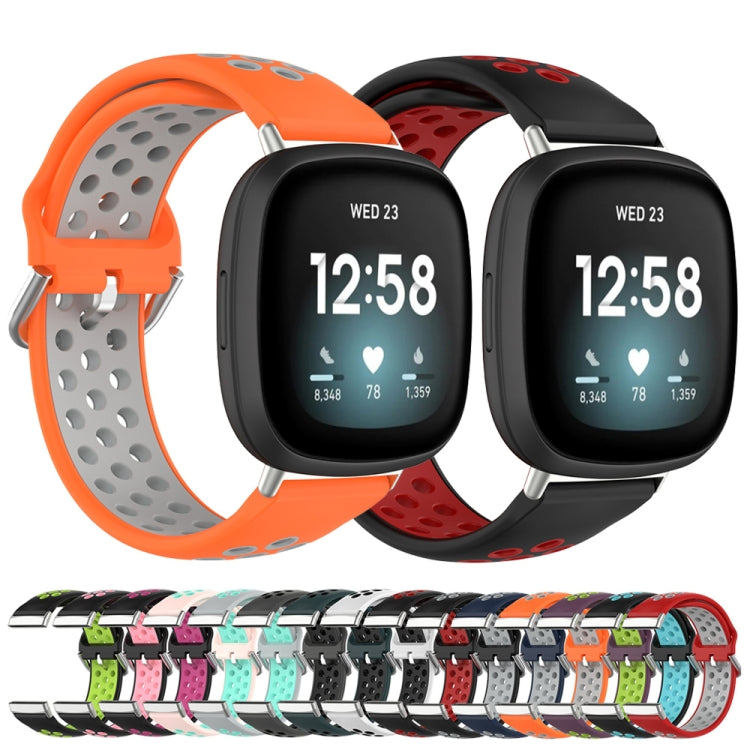For Fitbit Versa 3 Two-Color Perforated Breathable Silicone Watch Band(Grey+Teal)