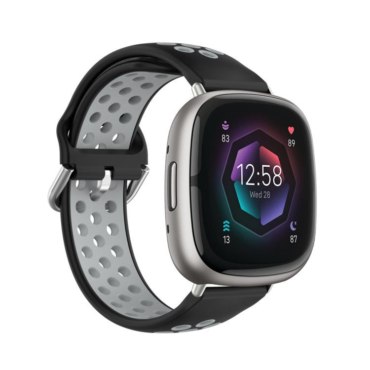 For Fitbit Sense 2 Two-Color Perforated Breathable Silicone Watch Band(Black+Grey)