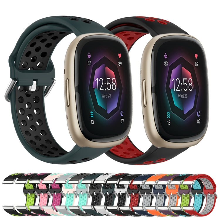 For Fitbit Sense 2 Two-Color Perforated Breathable Silicone Watch Band(Black+Black)