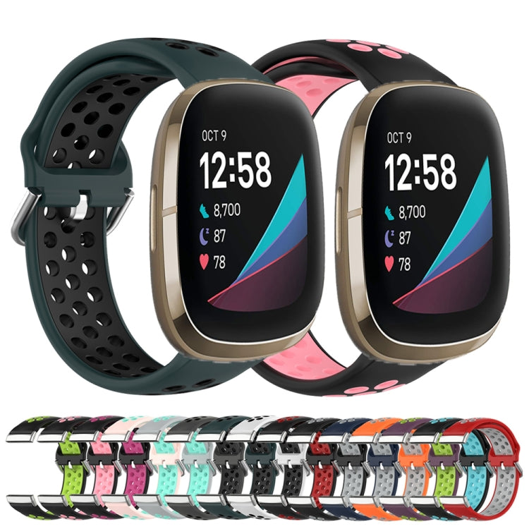 For Fitbit Sense Two-Color Perforated Breathable Silicone Watch Band(Dark Blue+Grey)