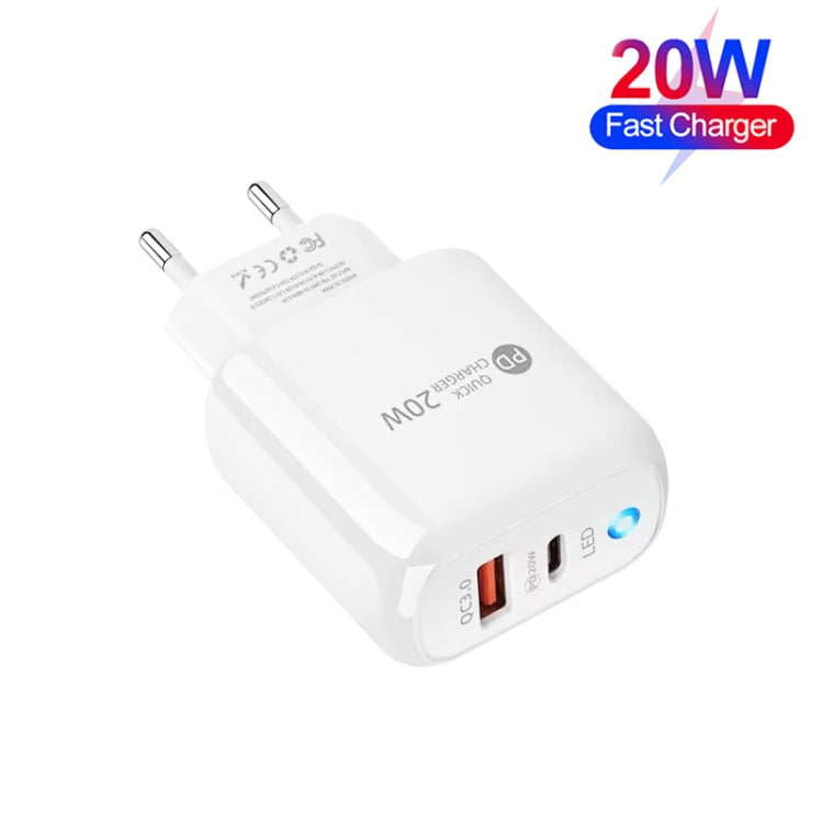 PD04 PD20W Type-C + QC18W USB Mobile Phone Charger with LED Indicator, EU Plug(White)