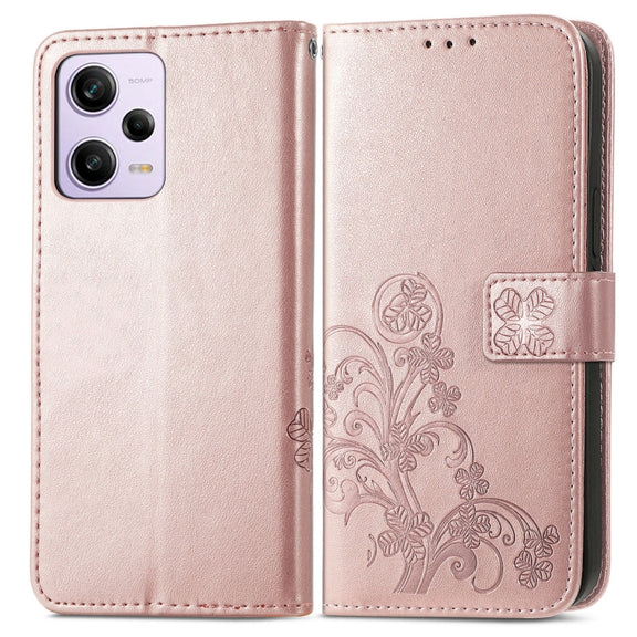 For Xiaomi Redmi Note 12 5G Global Four-leaf Clasp Embossed Buckle Leather Phone Case(Rose Gold)