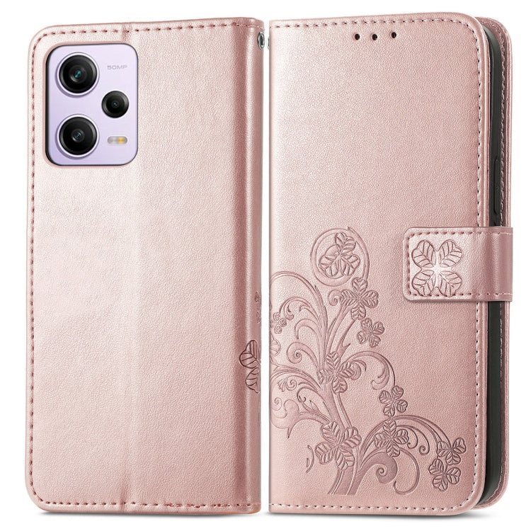 For Xiaomi Redmi Note 12 5G Global Four-leaf Clasp Embossed Buckle Leather Phone Case(Rose Gold)
