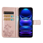 For Xiaomi Redmi Note 12 5G Global Four-leaf Clasp Embossed Buckle Leather Phone Case(Rose Gold)