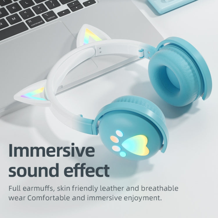 KE28 RGB Cute Cat Ears Bluetooth Wireless Music Headset with Detachable Mic(Pink+Blue)