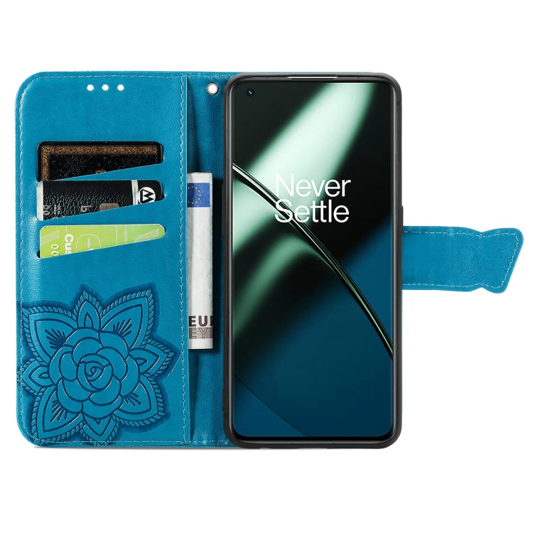 For OnePlus 11 Butterfly Love Flower Embossed Flip Leather Phone Case(Blue)