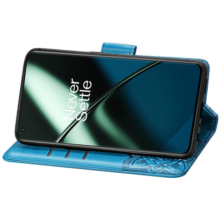 For OnePlus 11 Butterfly Love Flower Embossed Flip Leather Phone Case(Blue)