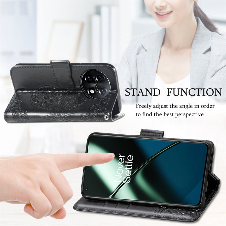 For OnePlus 11 Butterfly Love Flower Embossed Flip Leather Phone Case(Blue)