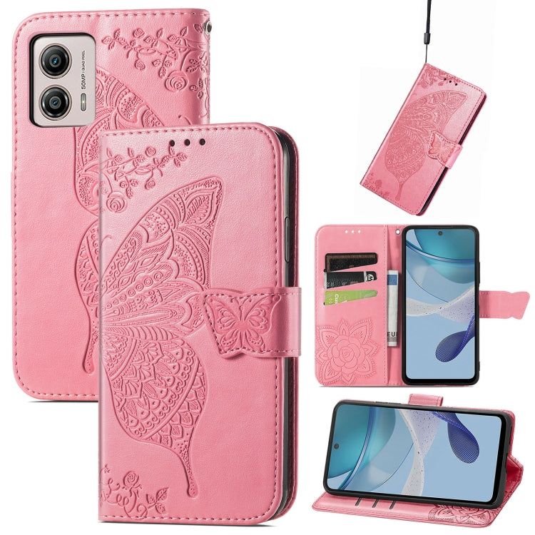 For Motorola Moto E13 Butterfly Love Flower Embossed Flip Leather Phone Case(Pink)