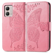 For Motorola Moto E13 Butterfly Love Flower Embossed Flip Leather Phone Case(Pink)