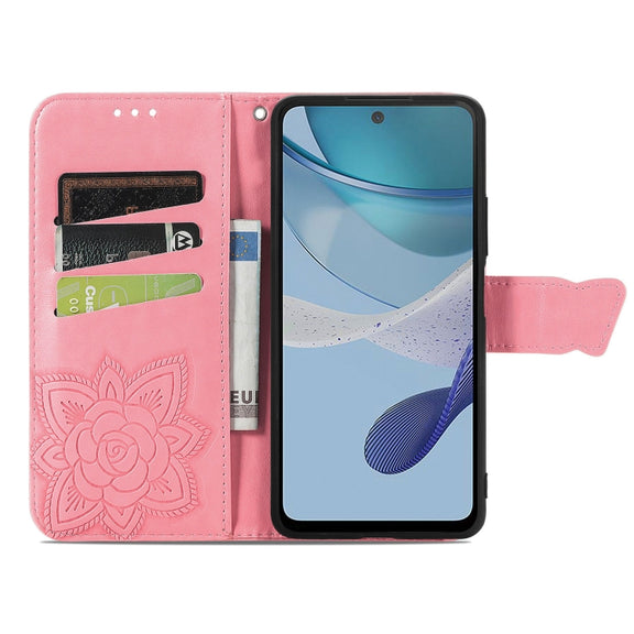 For Motorola Moto E13 Butterfly Love Flower Embossed Flip Leather Phone Case(Pink)