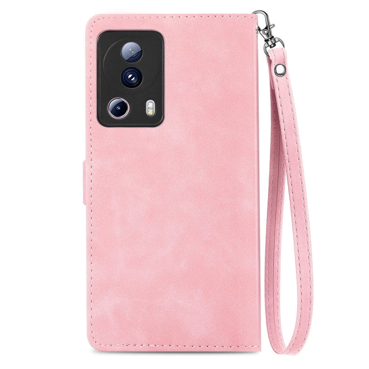 For Xiaomi 13 Lite Embossed Flower Zipper Leather Phone Case(Pink)
