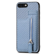 For iPhone SE 2022 / 2020 / 7 / 8 Carbon Fiber Vertical Flip Zipper Phone Case(Blue)