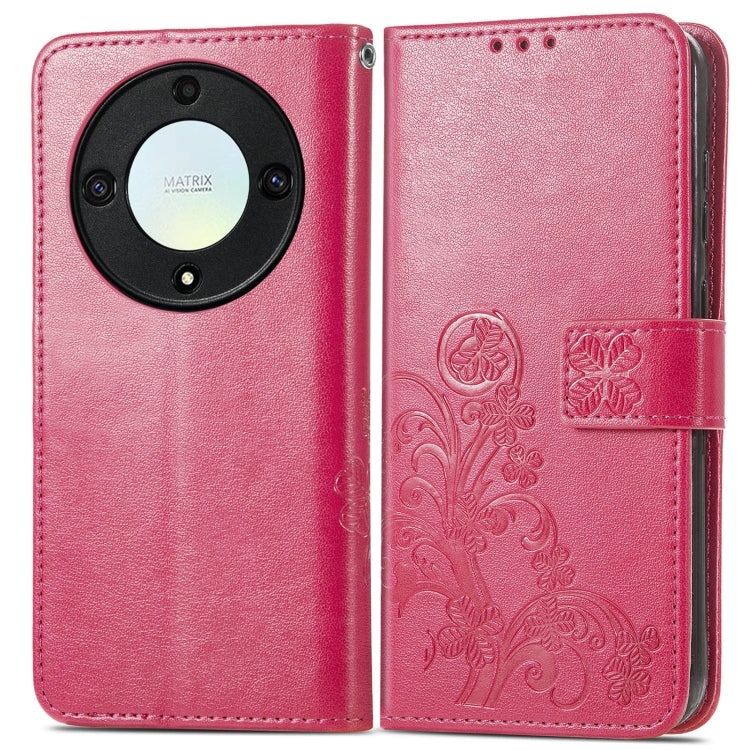 For Honor Magic5 Lite Four-leaf Clasp Embossed Buckle Leather Phone Case(Magenta)