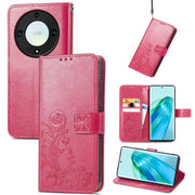 For Honor Magic5 Lite Four-leaf Clasp Embossed Buckle Leather Phone Case(Magenta)