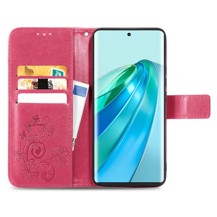 For Honor Magic5 Lite Four-leaf Clasp Embossed Buckle Leather Phone Case(Magenta)