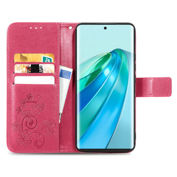 For Honor Magic5 Lite Four-leaf Clasp Embossed Buckle Leather Phone Case(Magenta)