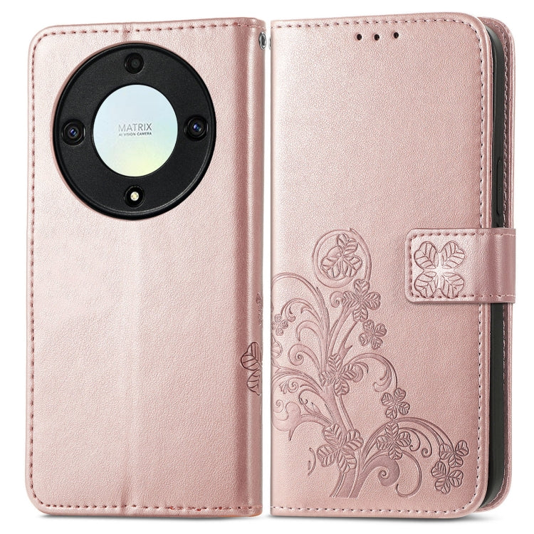 For Honor Magic5 Lite Four-leaf Clasp Embossed Buckle Leather Phone Case(Rose Gold)